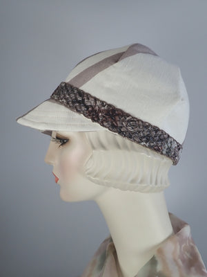 Womens cool linen ivory and brown baseball cap. Summer newsboy Travel hat. Sustainable fabric hat. Casual neutran hat