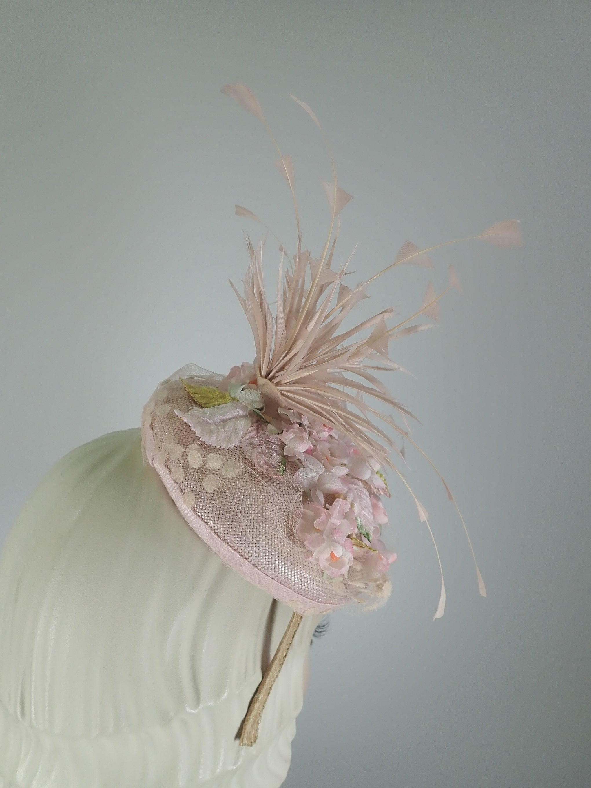 Women's Wedding fascinator or Kentucky Oaks fascinator hat. Kentucky Derby Hat. Sustainable materials fascinator hat. Pink tilt headpiece.