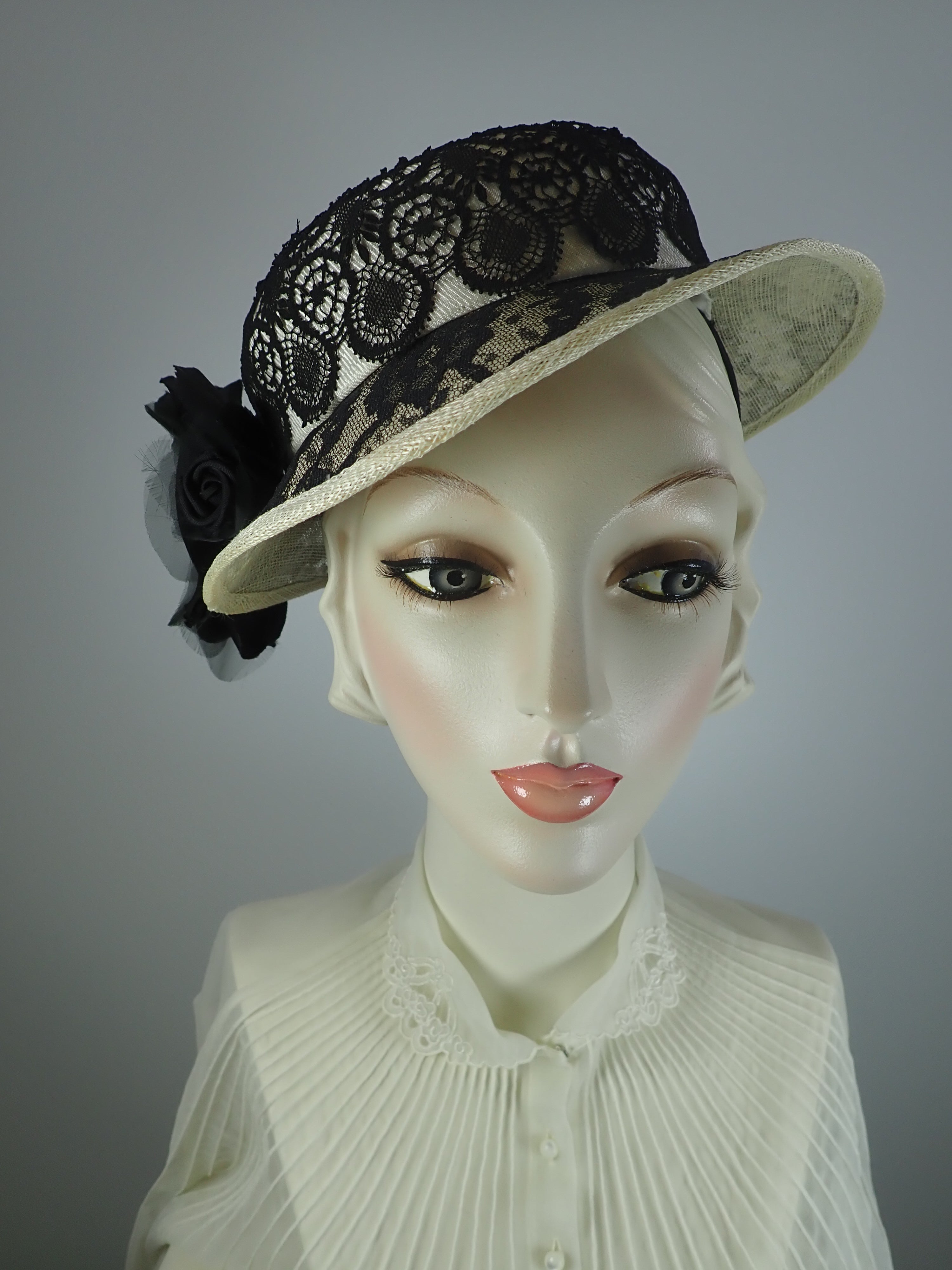 Womens Derby Hat, Black white Hat, Black lace sinamay Straw hat