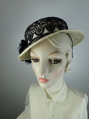 Womens Derby Hat, Black white Hat, Black lace sinamay Straw hat, Summer Small Brim Hat, Ladies Tea Hat, Church Hat