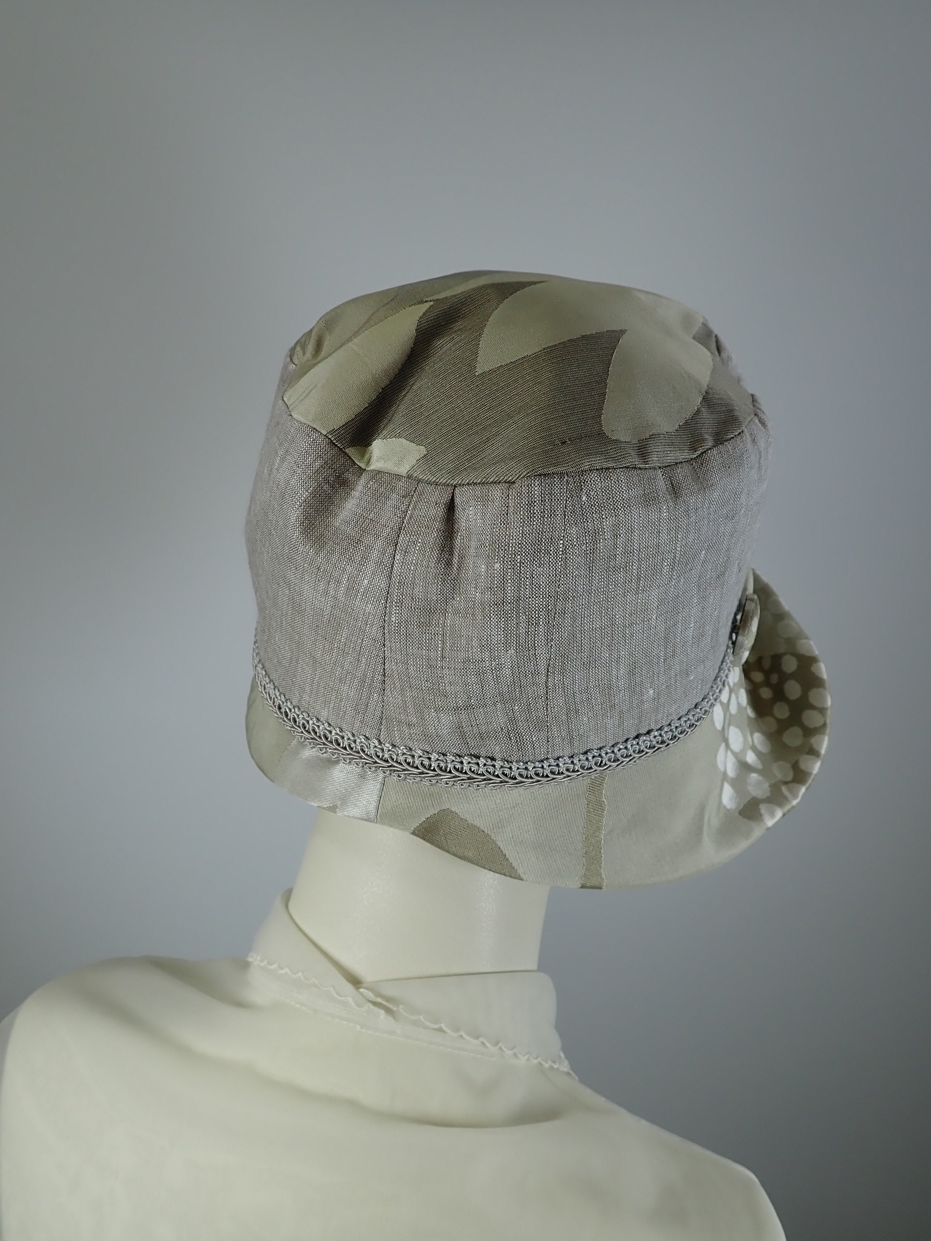 Natural Linen Cloche Hat. Summer Bucket Hat. Ladies Travel Hat. Vintage inspired cloche hat. Women's repurposed fabric hat. Neutral hat