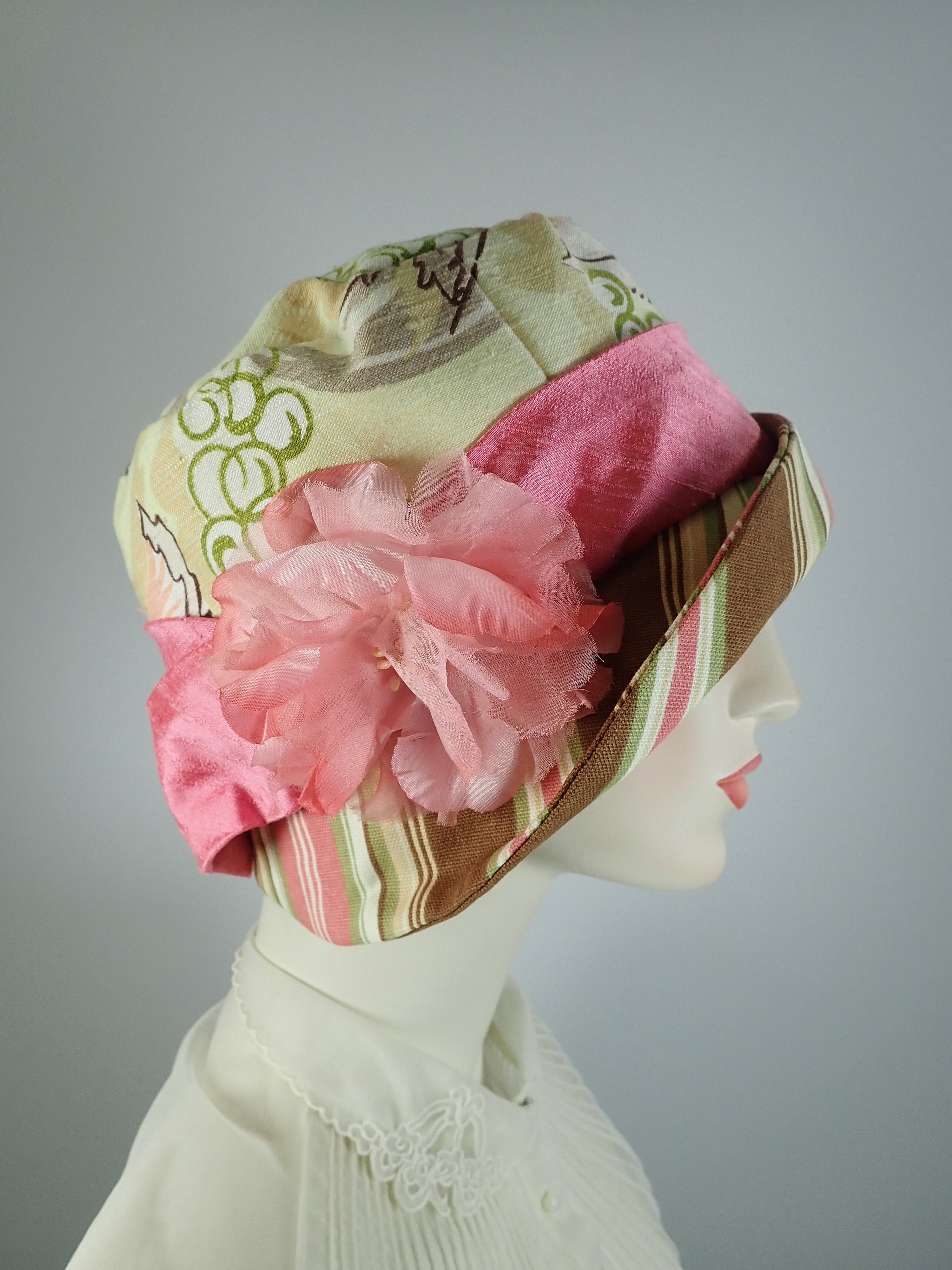 Vintage Floral Fabric Cloche Hat. Summer Bucket Hat. Ladies Travel Hat. Women's repurposed Peach, Brown Green fabric hat.