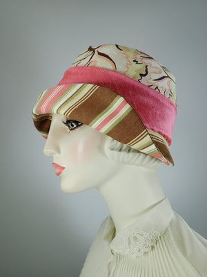 Vintage Floral Fabric Cloche Hat. Summer Bucket Hat. Ladies Travel Hat. Women's repurposed Peach, Brown Green fabric hat.