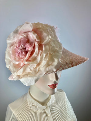 Womens Derby Hat, Pink ladies hat, Pale Pink Open Weave Straw, Summer Medium Brim Hat, Ladies Tea Hat, Church Hat