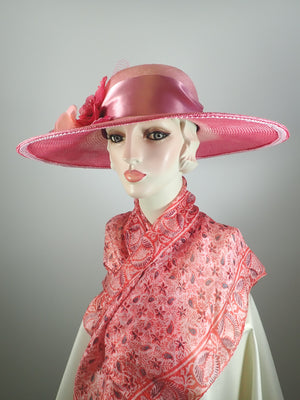 Wide Brim Two Tone Light and Cherry Pink Kentucky Derby Hat. Kentucky Oaks Pink Wide Brim Hat.