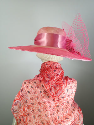 Wide Brim Two Tone Light and Cherry Pink Kentucky Derby Hat. Kentucky Oaks Pink Wide Brim Hat.