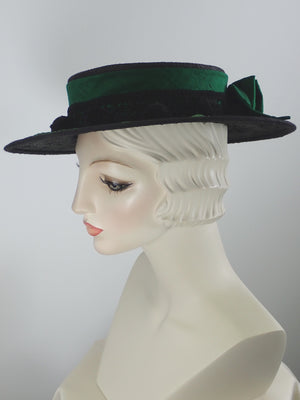 Black Straw Boater Hat for Women with Green Silk Band