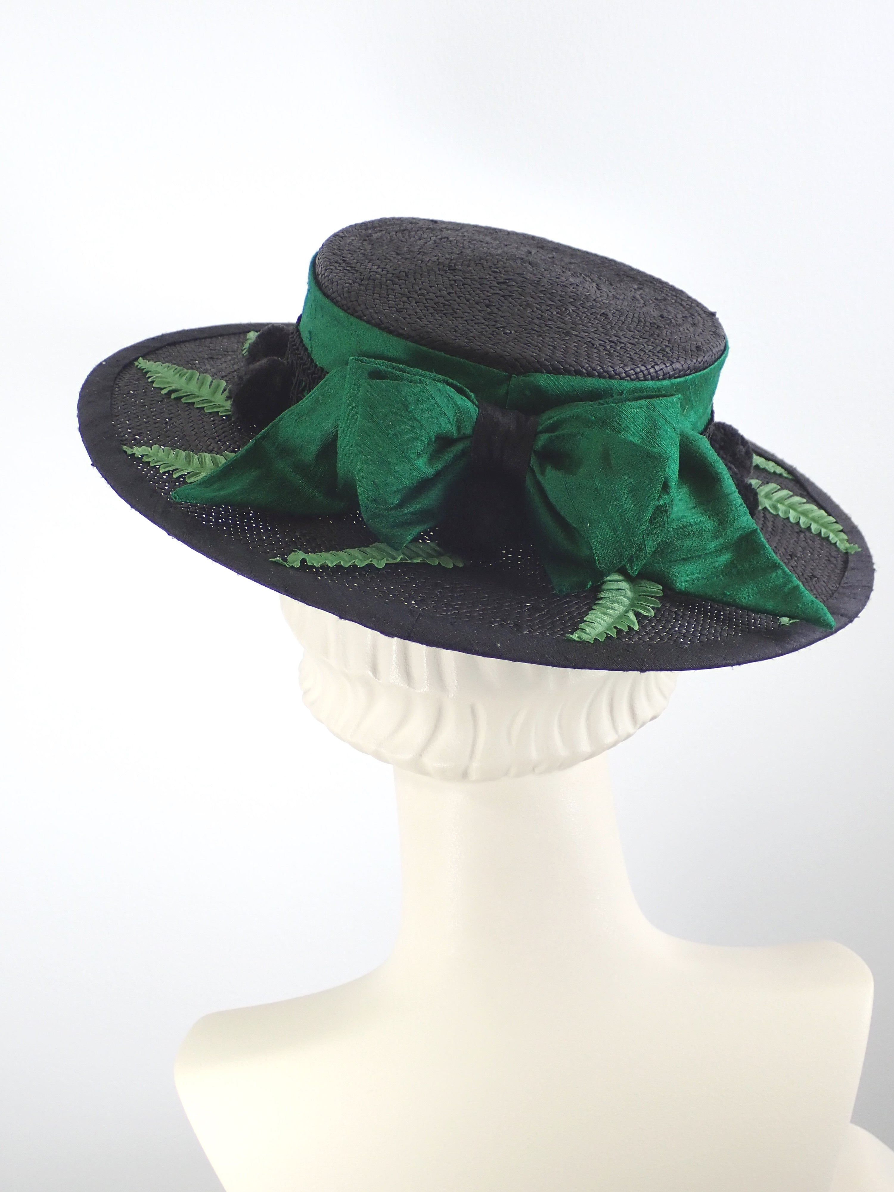 Black Straw Boater Hat for Women with Green Silk Band