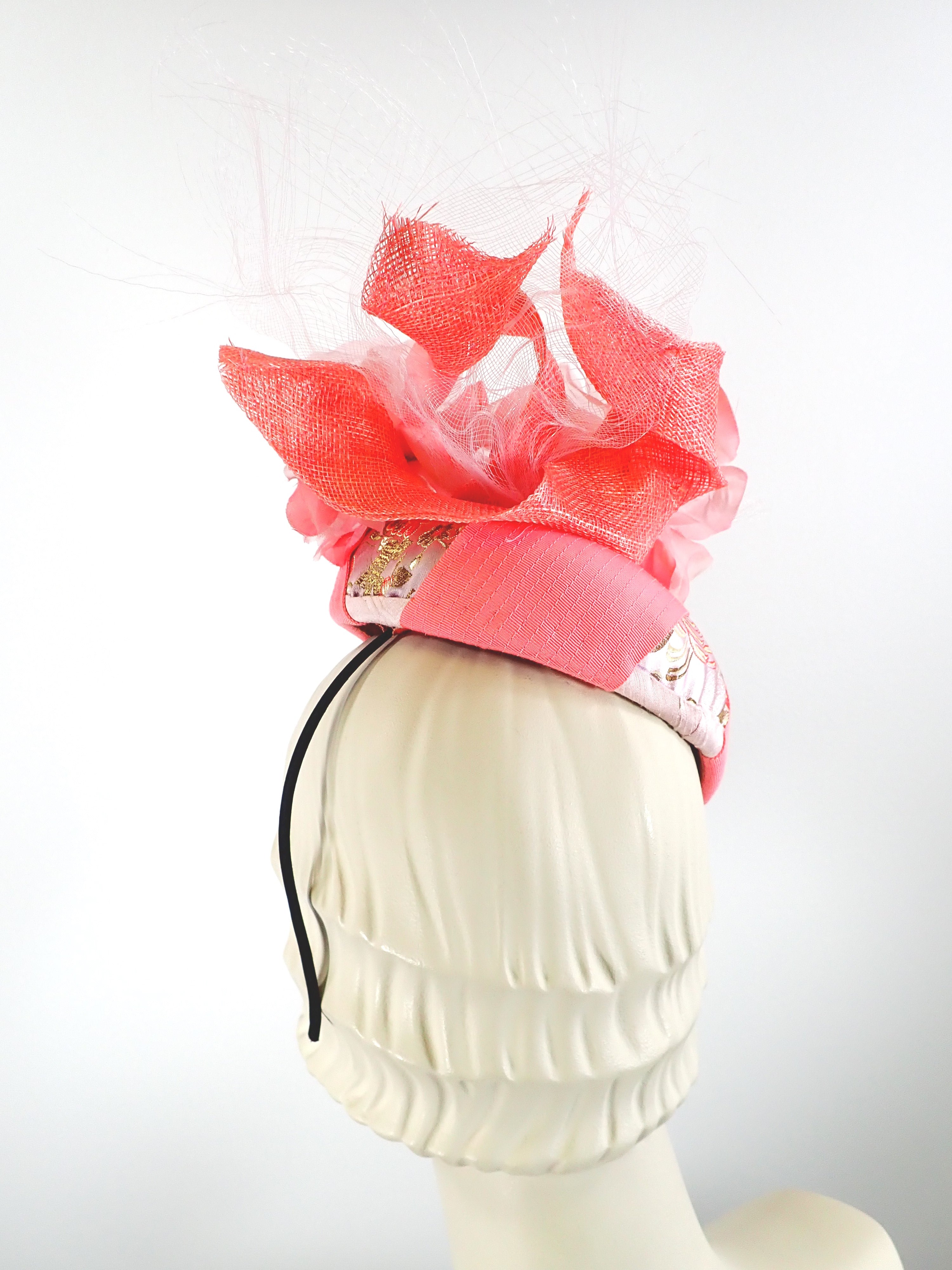 Women's Coral, and Pale Pink Ribbon and Sinamay Fascinator Hat for Kentucky Derby - Summer Fascinator for Church