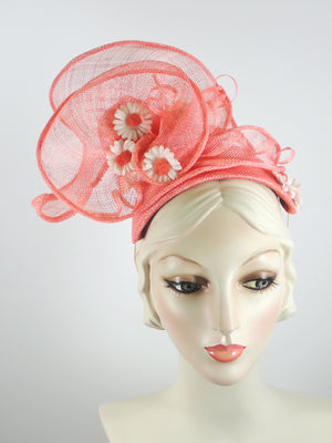 Peach Coral Sinamay Fascinator Hat for Women