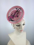 Pink black and white straw tilt hat for Kentucky Derby