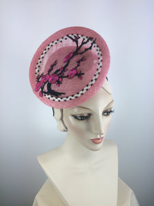 Pink black and white straw tilt hat for Kentucky Derby