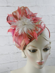 Handmade one of a kind fascinator hat in pink, peach and ivory on headband