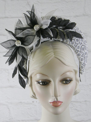 Tiara Halo Style Fascinator in Black and White with Vintage Lace