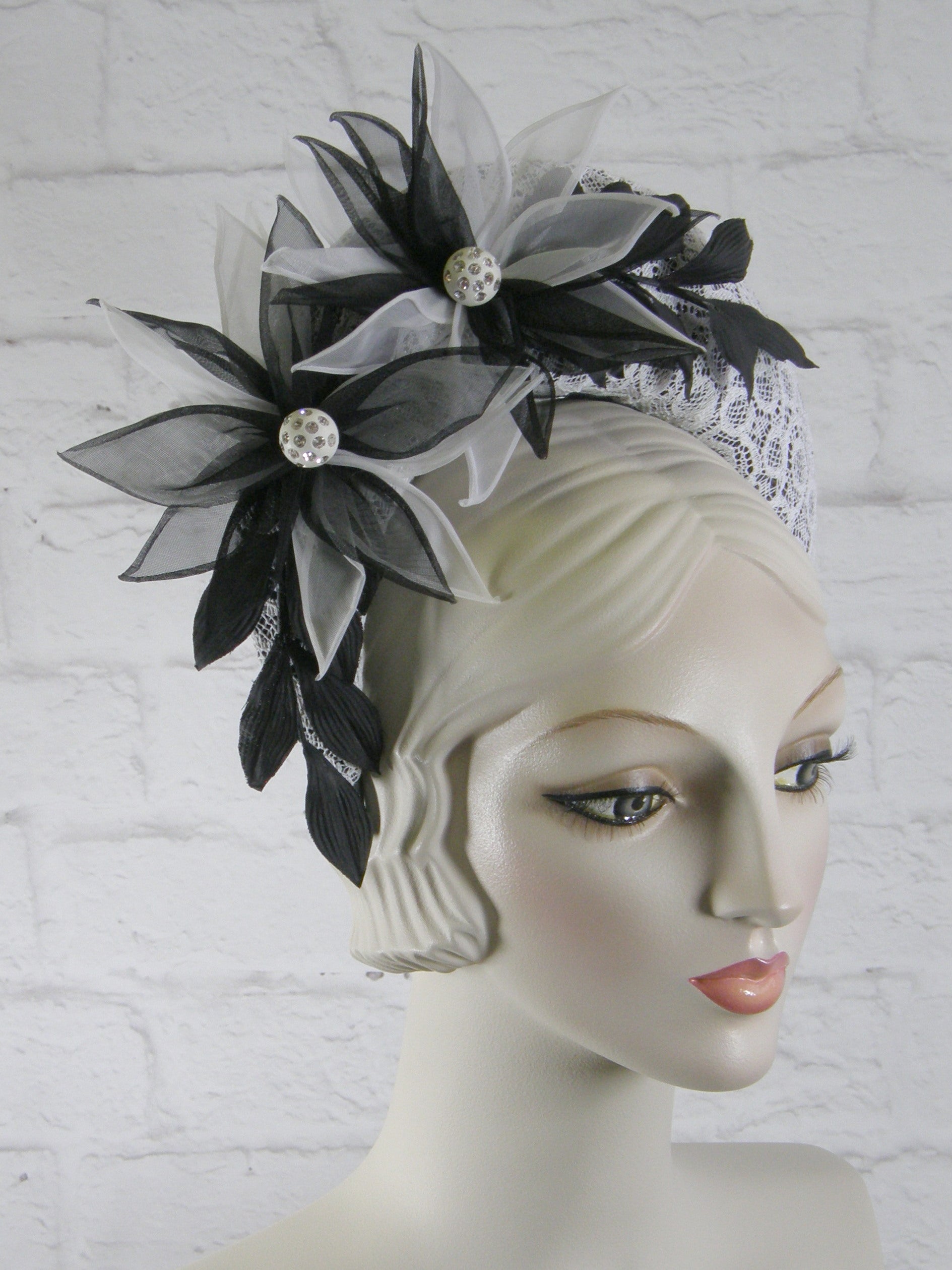 Tiara Halo Style Fascinator in Black and White with Vintage Lace